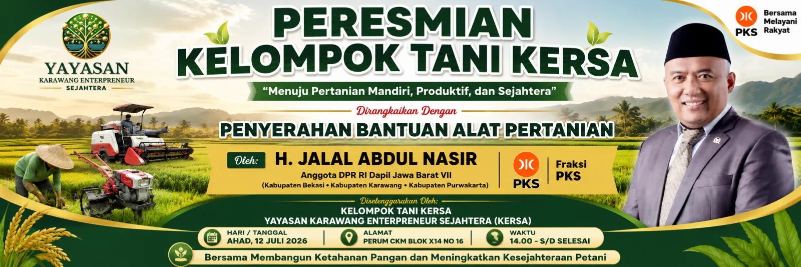 Anggota DPR RI H. Jalal Abdul Nasir Resmikan Rumah Tani KERSA dan Serahkan Bantuan Alat Pertanian untuk Petani Milenial Karawang